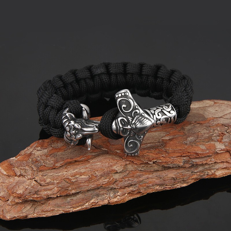 Stainless Steel Viking Goat&Odin Thor Hammer Mjolnir Parachute Rope Bracelet gallery
