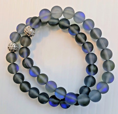Set of 2 – Blue-Black Moonstone Set of Stretch Bracelets with Metal Bling Bead
