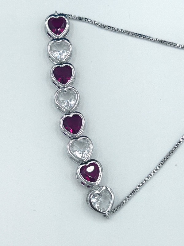 Simulated Ruby and Cubic Zirconia Heart Adjustable Bolo Bracelet in Fine Silver gallery