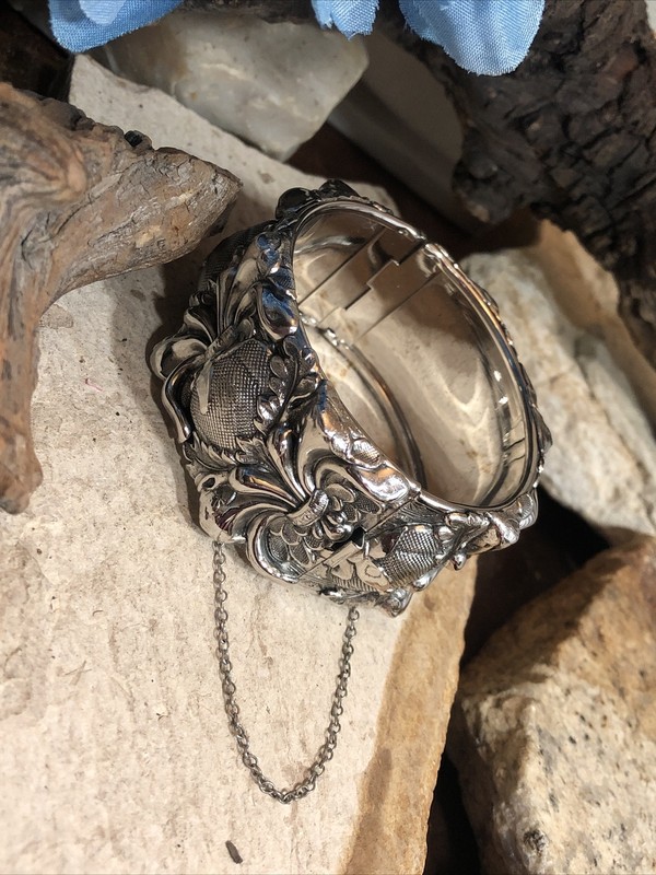 2. Whiting & Davis Silver tone Wide Repousse Bangle Safety chain Bracelet 7 1/4" gallery