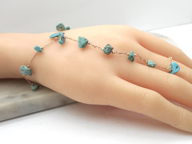 Blue Howlite Chip Bracelet Women's Ring Attached Gold Plated Slave Hand Chain gallery