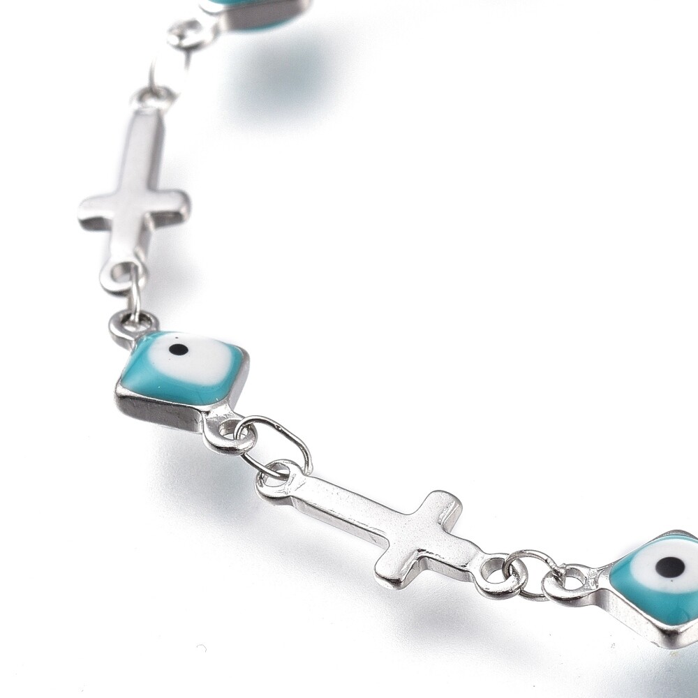 Stainless Steel Bracelet Enamel Lobster Evil Eye Cross Silver Turquoise 7" Z191 gallery