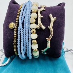 Rustic Cuff 4 Pc Bracelet Stack Blue Crystal Gold Branch Bead Set