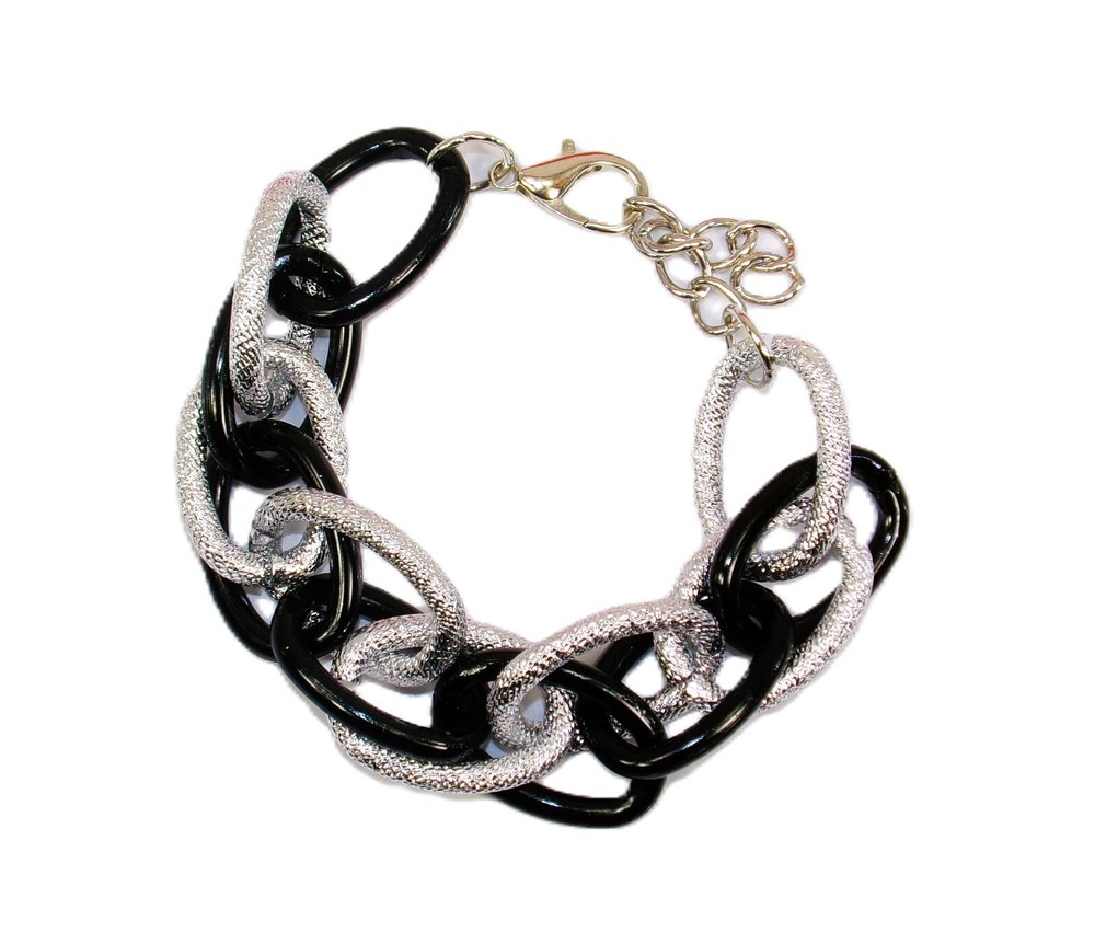 Black and silver link bracelet, textured links, shiny black links, 7 inches New