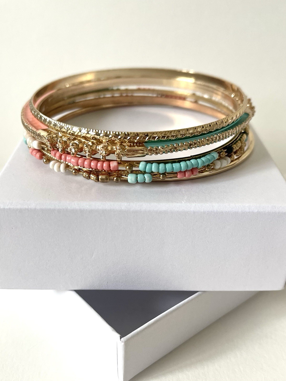 3” Gold/Coral Pink/Teal Aqua Bangle Bracelets, 8” in Diameter, 5PC, Set of 5 gallery