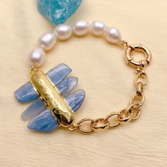Cultured White Rice Pearl Kaynite Bracelet Blue Gemstone Jewelry
