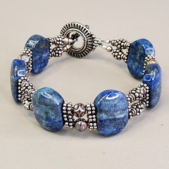 Lapis Lazuli Beaded Bracelet Blue Stone Silver Tone 6.5″
