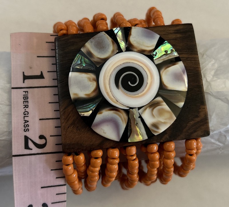 Statement Stretchy Bracelet Multi Strands Orange Beads Wood & Mother Of Pearls 7 gallery
