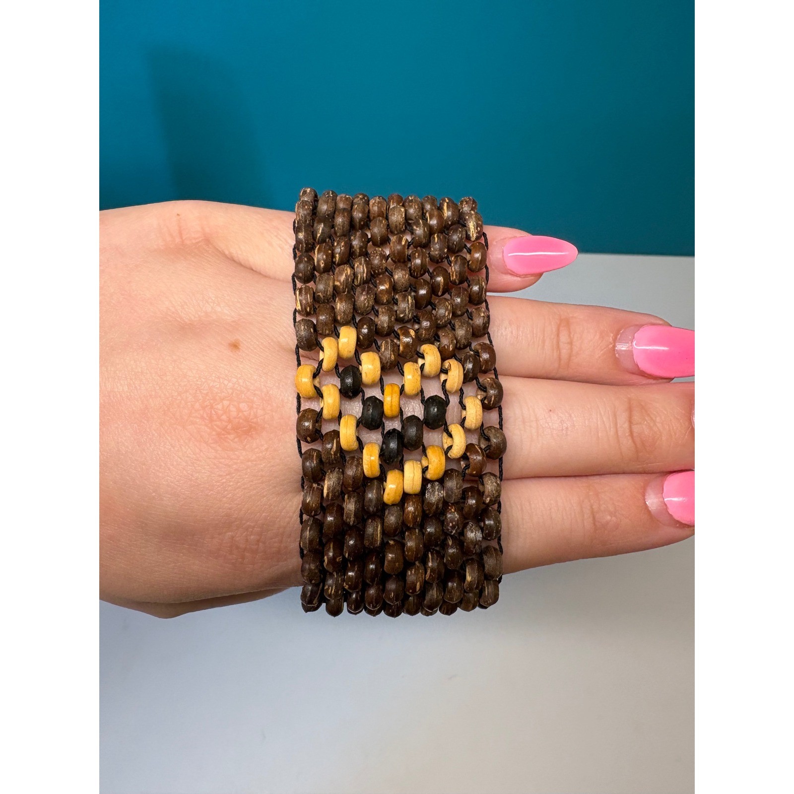 Handmade Wood Bead Stretch Cuff Bracelet Brown Heart Motif Wide Boho gallery