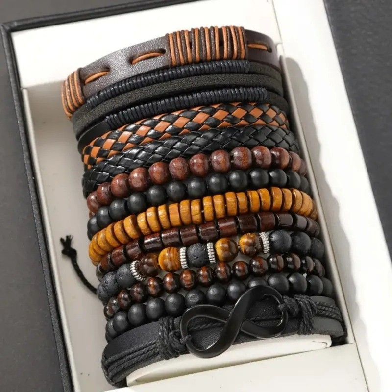 Vintage Faux Leather Tiger Eye Moonstone Bracelet Set 12PCS Boho Woven gallery