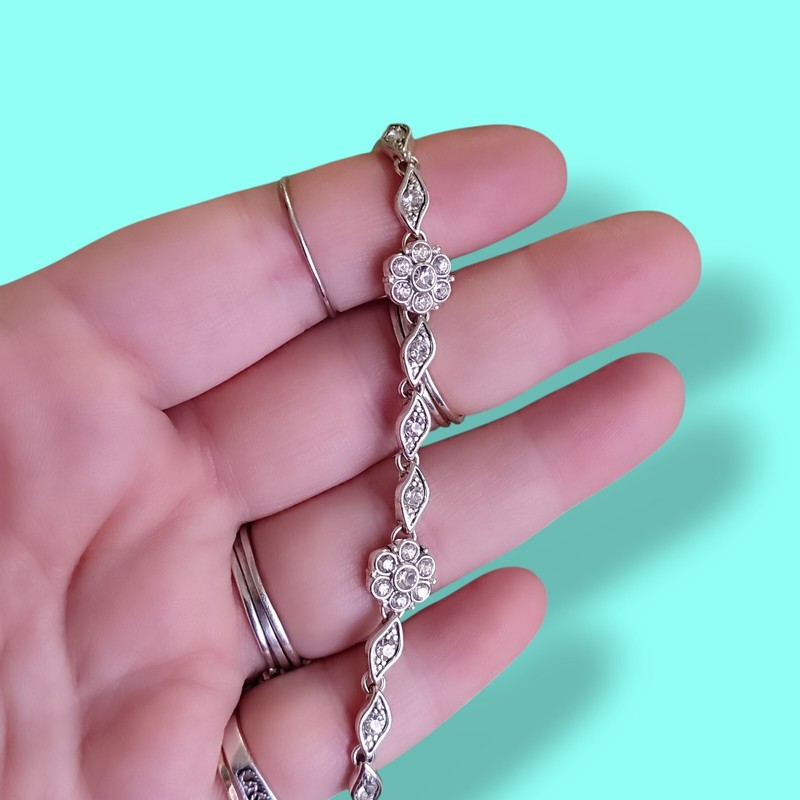 Silver Plate Flower CZ Tennis Bracelet 7in Fold Over Clasp Vtg Glam Fashion gallery