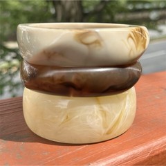 Set of 3 Chunky Marbled Resin Bangle Bracelets Cream & Brown Round