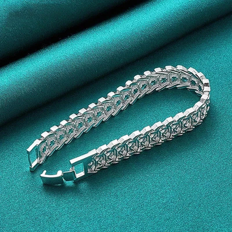 925 Sterling Silver Pattern Flower Wide Wristband Bracelet Chain Fashion Jewelry gallery