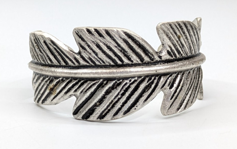 Rustic Cuff Textured Silver Tone Feather Boho 1 1/8" Wide Cuff Bracelet gallery