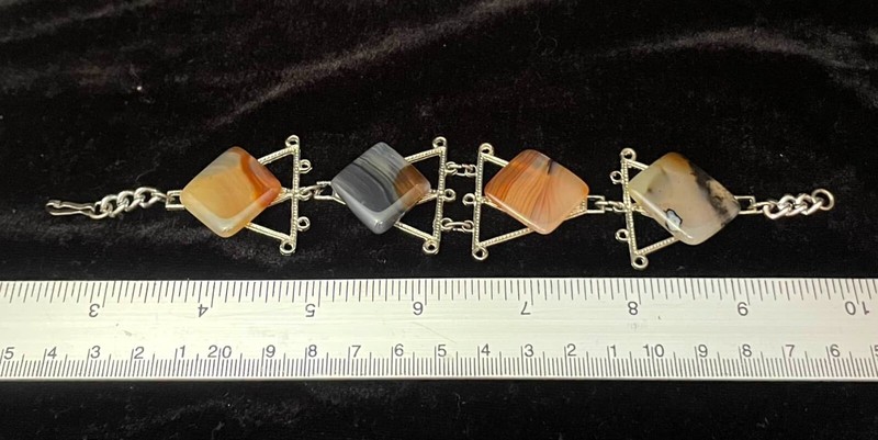 Polished Agate Rectangular Stones Bracelet Silver Tone Metal 7.5" Long Boho gallery