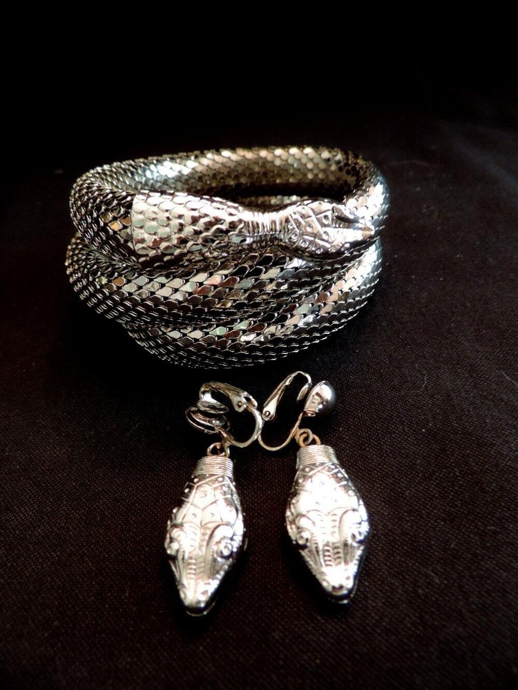 Vtg Coil Whiting Davis Serpent/Snake Bracelet With Matching Snake Head Clip Earr