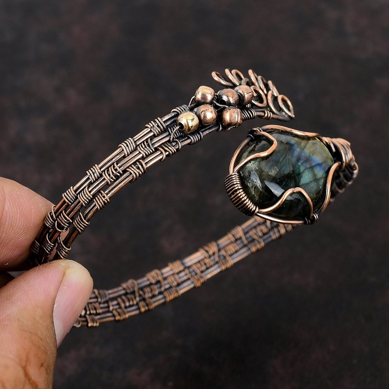 Labradorite Copper Gift For Bridesmaid Wire Wrapped Adjustable Bangle gallery