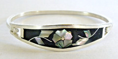 Taxco Mexico Bangle Bracelet Hinged Abalone Mother of Pearl Flower MOP