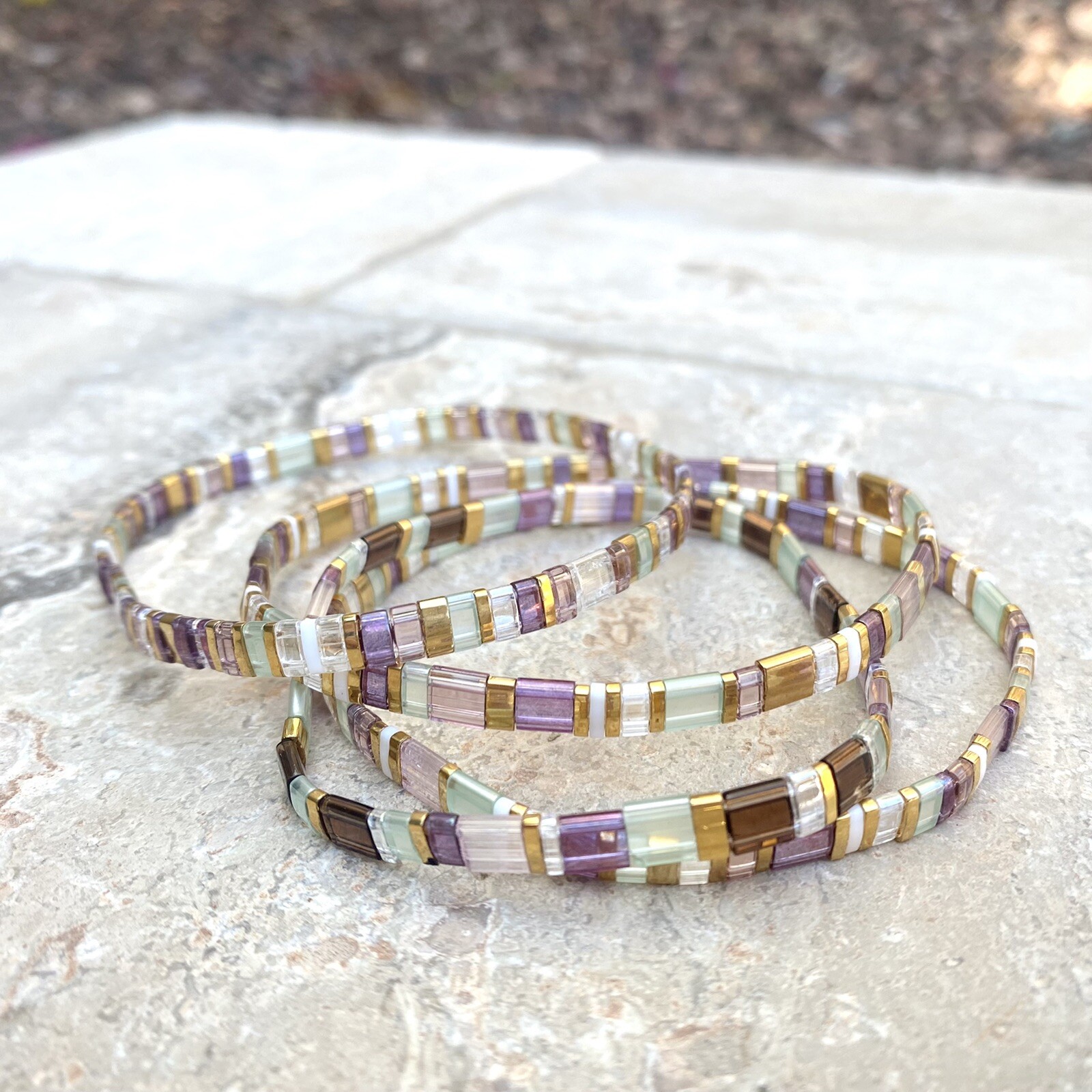 Miyuki Tila Mermaid gold silver bracelet boho Japanese glass tile stackable USA gallery