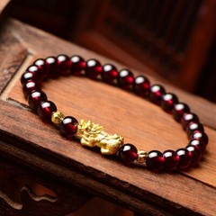 Genuine Garnet 6mm Bead 14K Gold Pixiu Fengshui Wealth and Luck Healing Bracelet