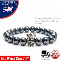 Natural Hematite Bracelet 10mm A++ Heavy Crown Skull Charm Stretch 7.5″ Mens New