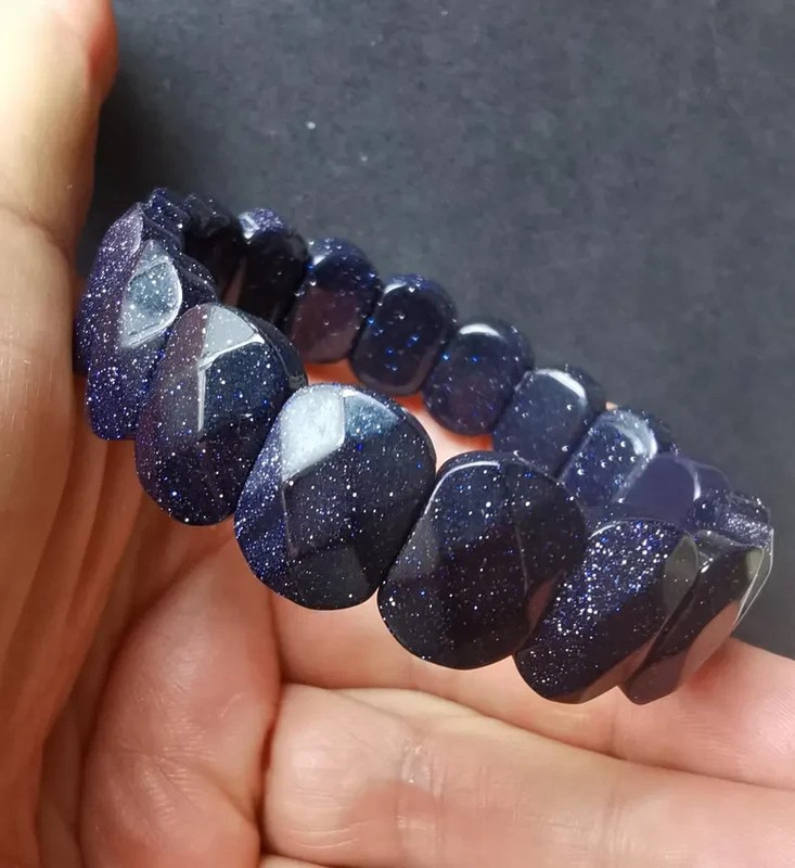 Men's Blue Goldstone Bracelet Faceted Geometric Sparkle Starry Stone 1pc 7.5" gallery