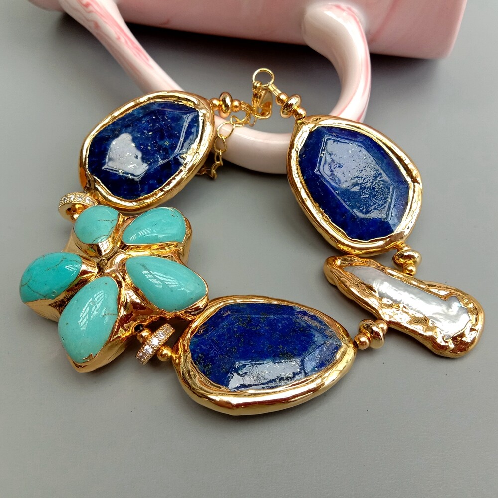 8" Blue Lapis Turquoise Flower White Biwa Pearl With Electroplated Edge Bracelet gallery