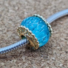 Authentic Blue Glitter Gold Core European Murano Spacer Charm Bead