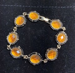 Gold Tone Liz Claiborne Link Bracelet, Bezel-Set Round Amber Stones