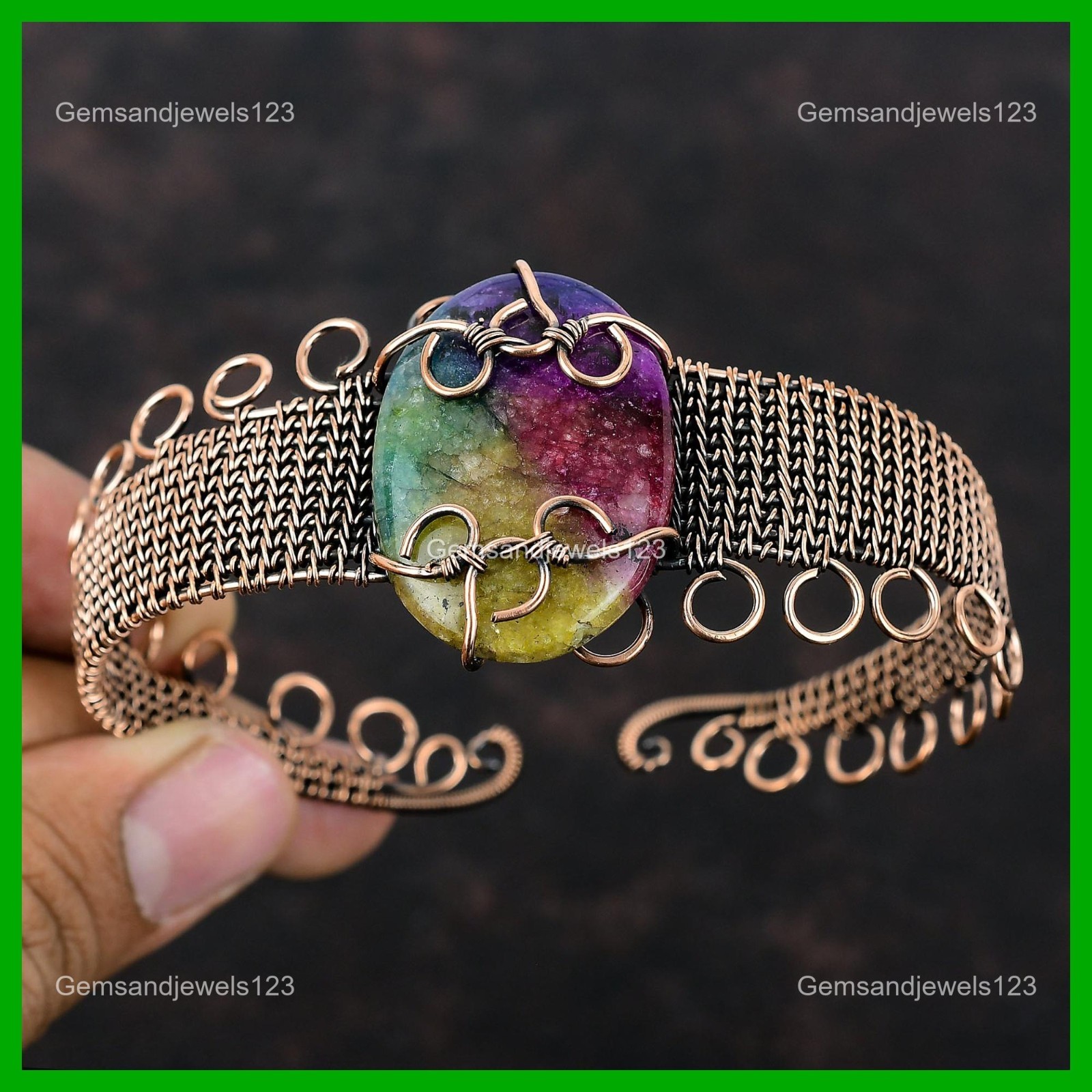 Rainbow Solar Quartz Druzy Gemstone Copper Daughter Wire Wrapped Cuff Jewelry gallery