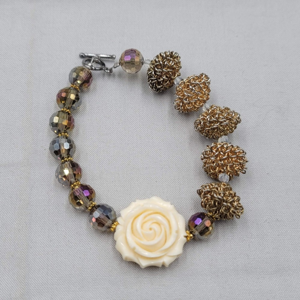 Crystal Bead Bracelet White Rose Wire Beads Silver tone Toggle Closure 7"