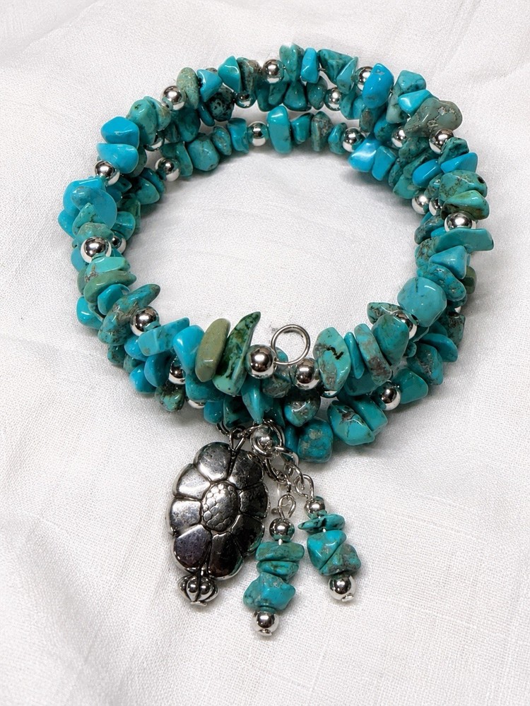 REIMAGINED Blue Howlite Memory Wire Bracelet 3 Coil W/ Flower Charm