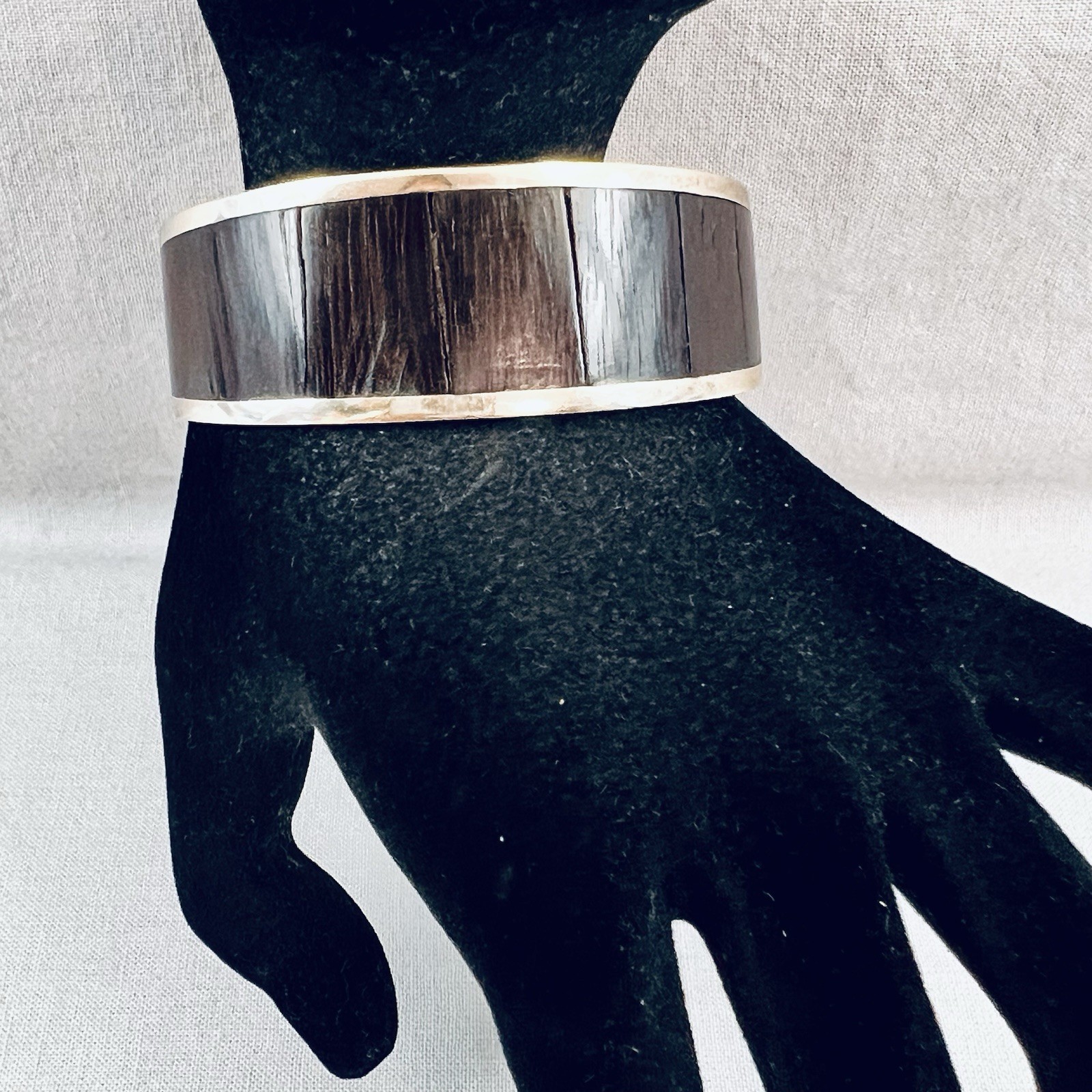 Vintage Wood Panel Inlay Metallic Cuff Bracelet Dark Brown Adjustable *tiny flaw gallery