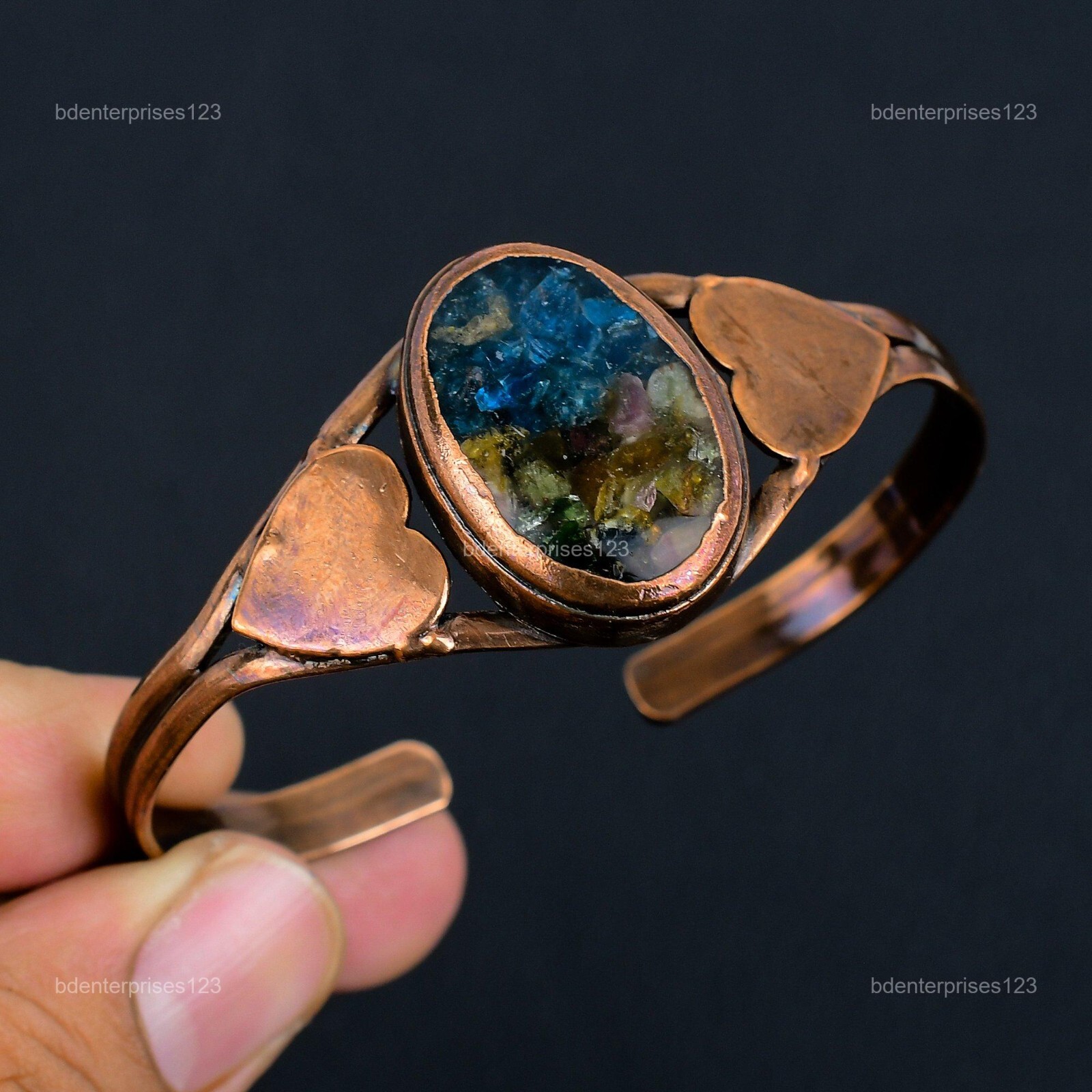 Copper Natural Watermelon Tourmaline Daughter Electroformed Heart Wedding Bangle gallery