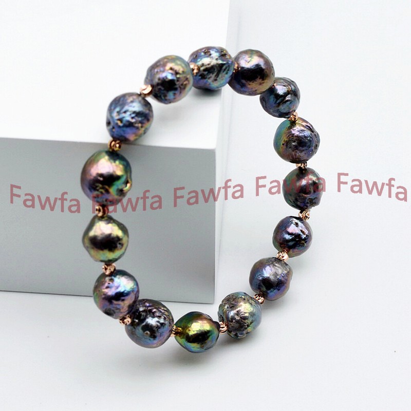 11-12mm Real Natural Tahitian Peacock Black Baroque Edison Pearl Bracelet 7.5'' gallery