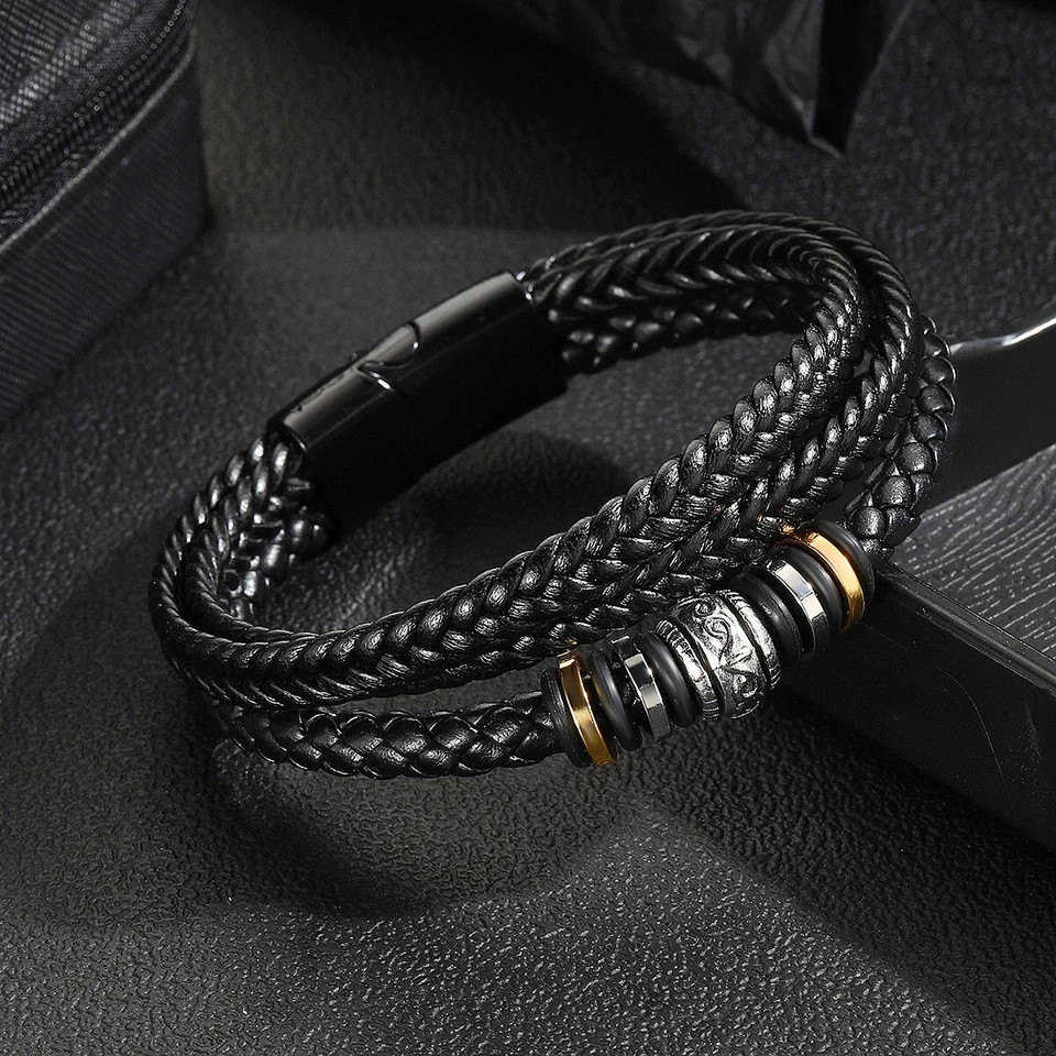Men's Multilayer Braided Leather Stainless Steel Magnetic Bracelet Bangle Cuff gallery