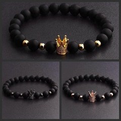 Gorgeous Crown Natural Stone Matte Black Charm Men’s CZ Copper Bead Bracelet