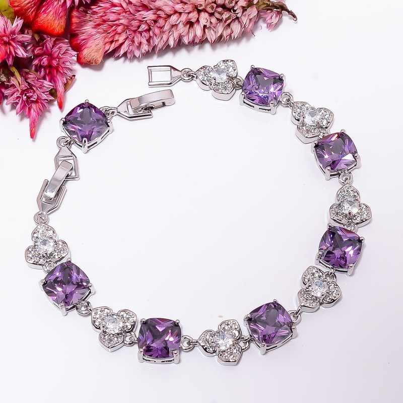 Purple Amethyst, CZ 925 Sterling Silver Adjustable Bracelet 7-8" B142125 gallery