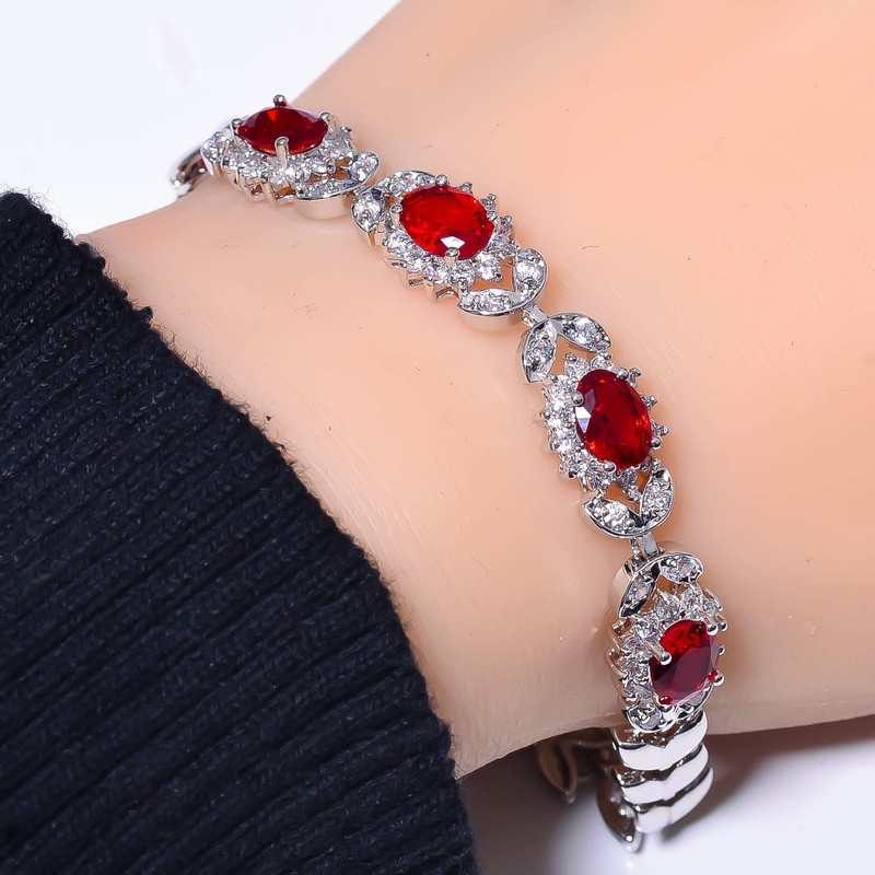 Red Garnet & Cubic Zirconia 925 Sterling Silver Tennis Bracelet 7.99" B73124 gallery