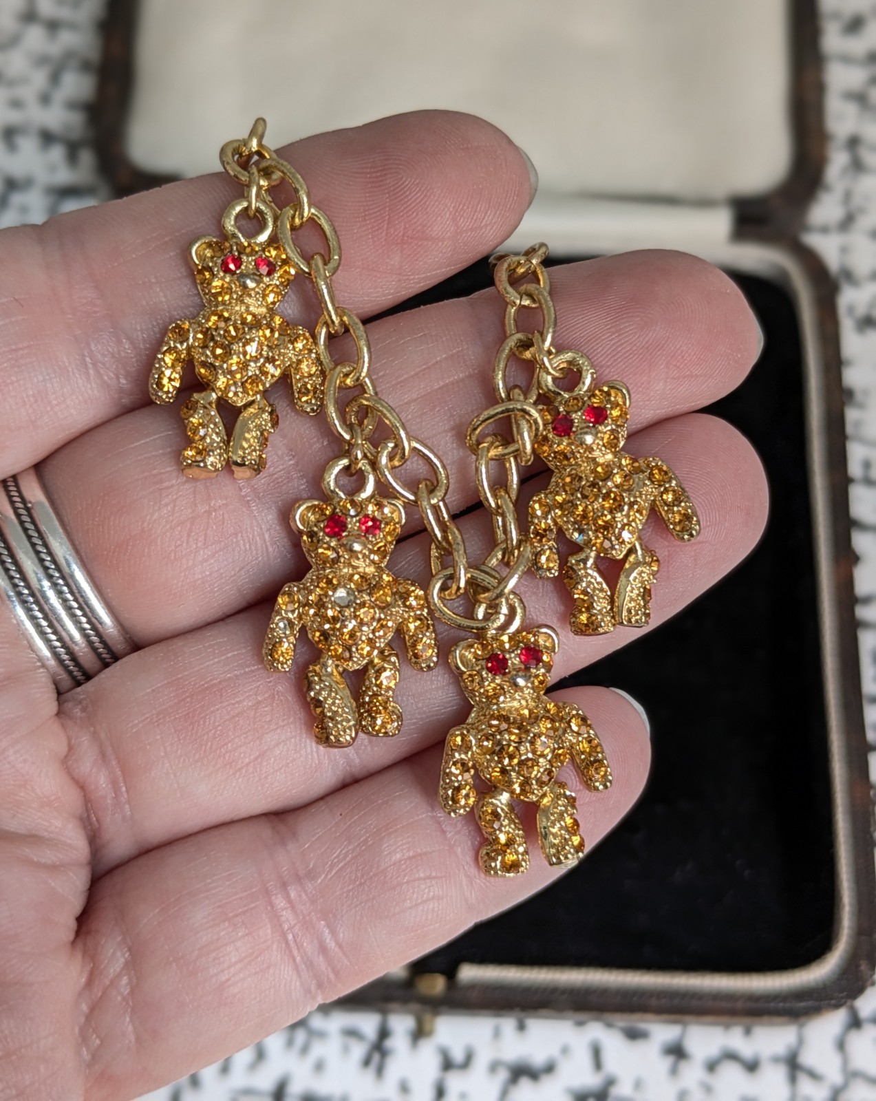 Butler & Wilson Crystal Articulated Teddy Bear Gold Tone Charm Bracelet gallery