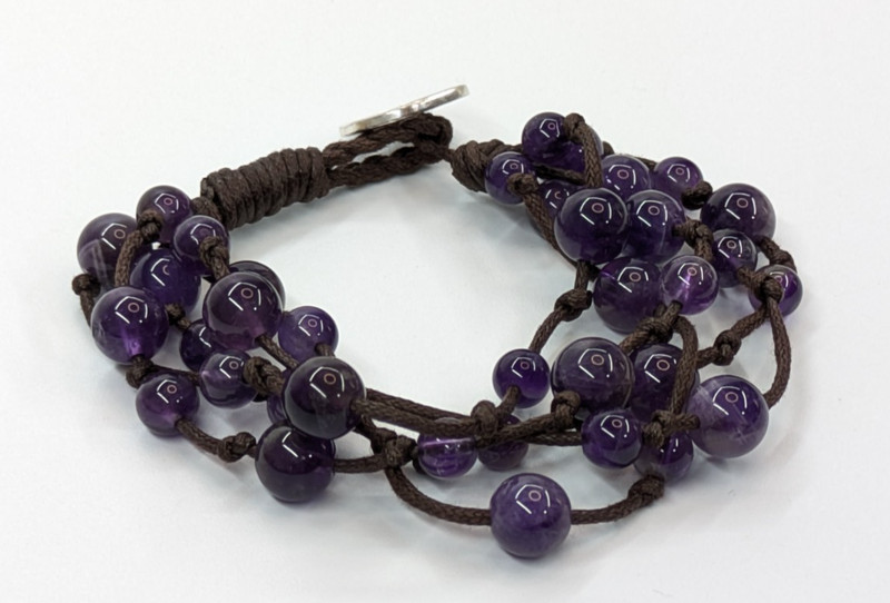 Purple Amethyst Stone Beaded Multi Strand Sterling Silver 925 LA Signed Bracelet gallery