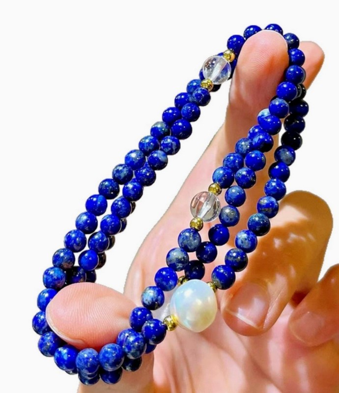 Natural Beautiful 6mm 3 Circle Lapis Lazuli Round Gemstone Beads Bracelet 21 in gallery