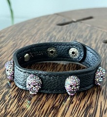 Betsey Johnson Multicolor Pave Crystal Skull Heads Black Vegan Leather Cuff