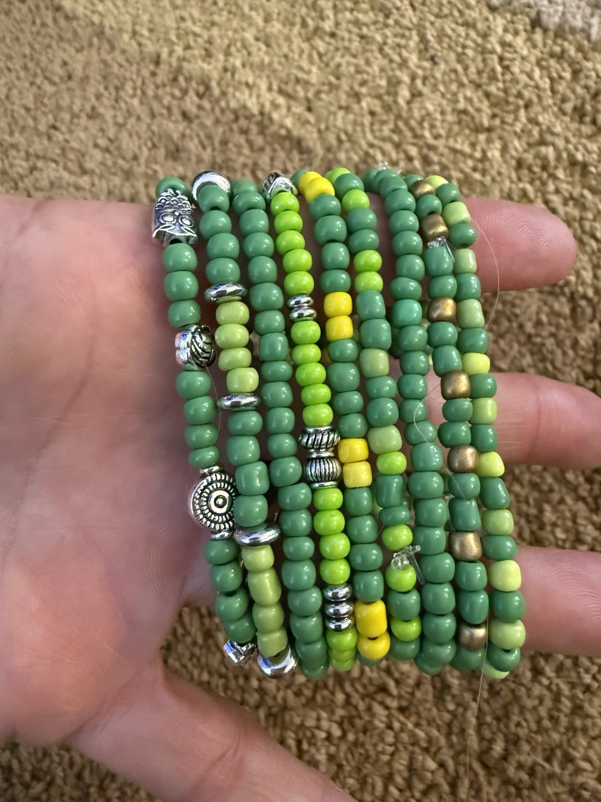 Green Yellow Glass Metal Beaded Stackable Bracelets Set Handmade Round Fashion gallery