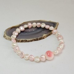 White & Pink Baroque Pearl Stretch Bracelet Oval Gemstone Stackable Bead Jewelry