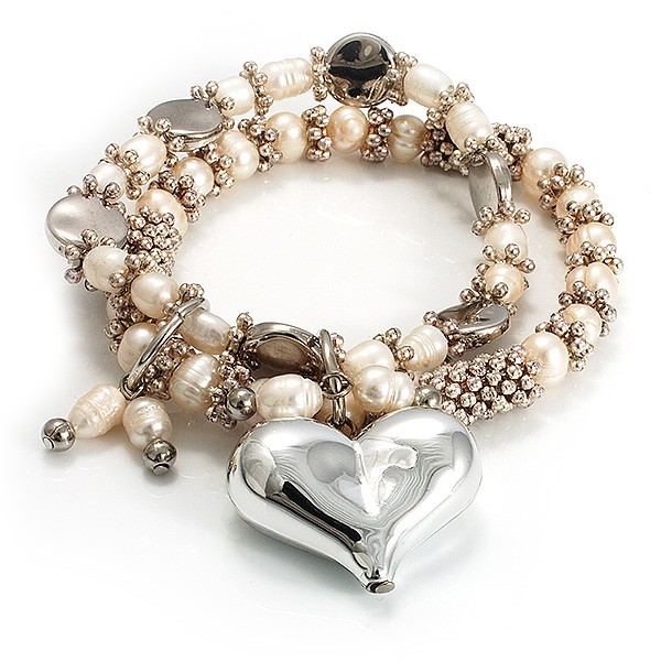 2 Strand Freshwater Pearl Puffed Heart Flex Bracelet (Silver Tone) gallery