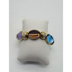 Vintage Style Gold Tone Chunky Rainbow Jelly Cabochon Rhinestone Link Bracelet