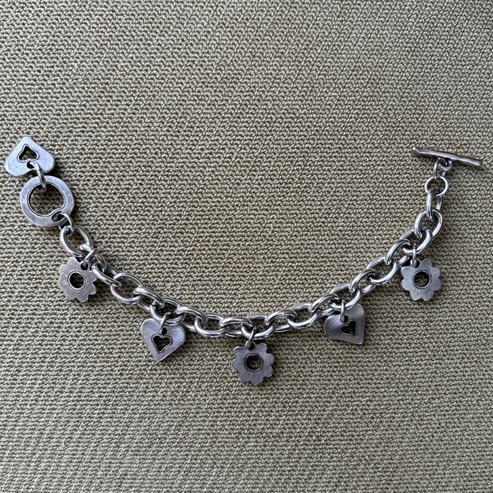 Signed DANON Matte Silver Plated Pewter Heart Flower Charm 8” Toggle Bracelet gallery