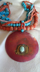 Bohemian Large Turquoise and Coral Necklace modern artisan style