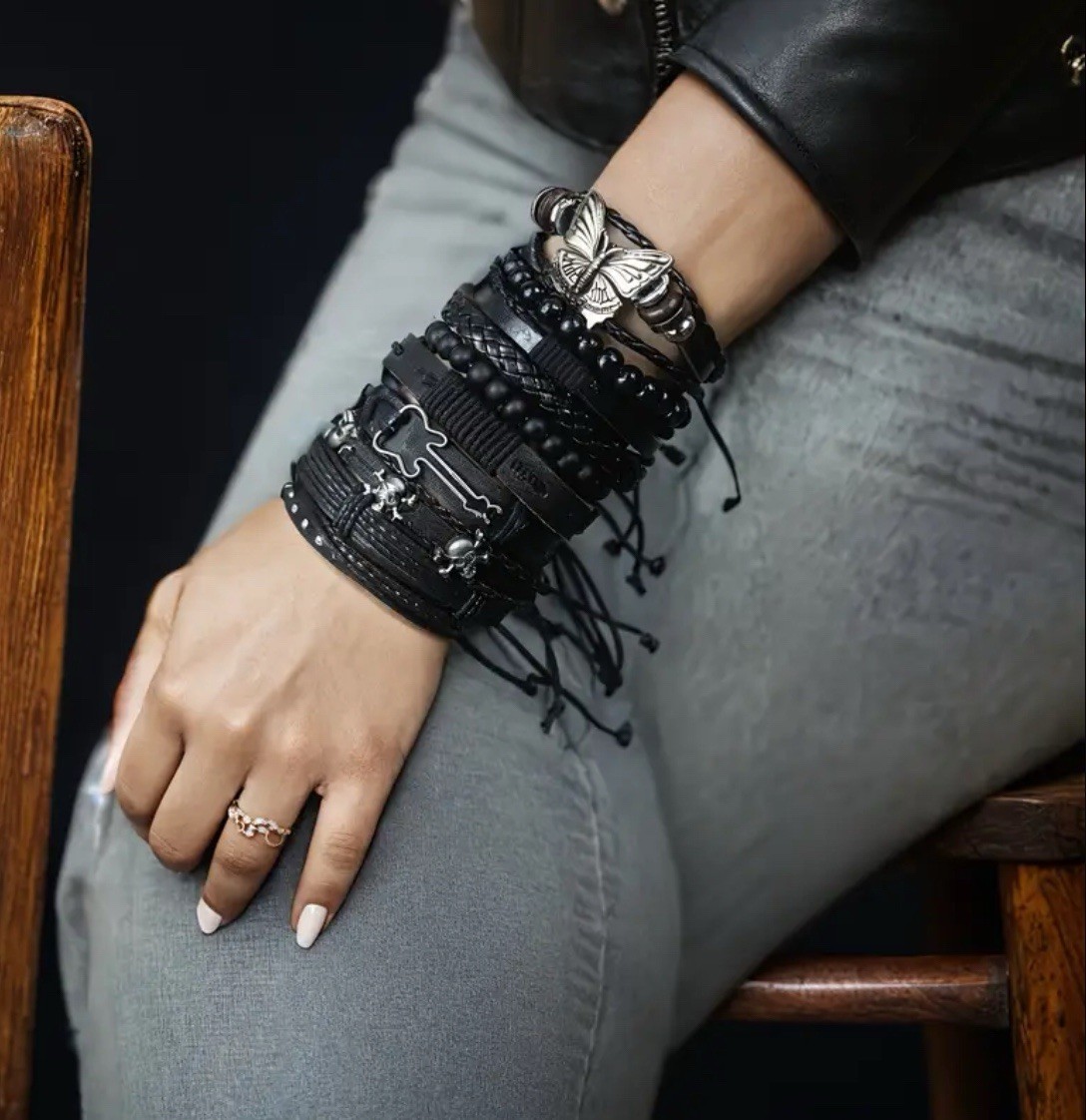 Women’s Gothic Punk Skull Bracelet Set Adjustable Black Skater Unisex Grunge gallery